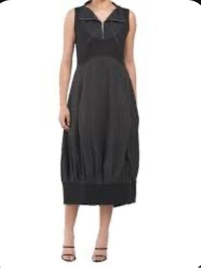 Sleeveless Black Midi Dress with V-Neck Zip Detail